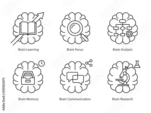Brain Activity and Mental Health Line Icons Set, Human Mind Psychology and Intelligence Concepts for Education Presentation Infographic