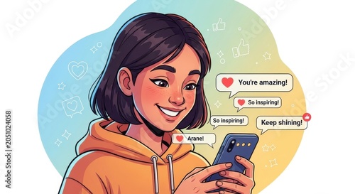 Young woman happily engaging with positive social media messages on her smartphone.