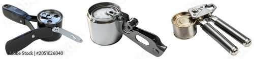 Three different types of can openers with cans, isolated on white background