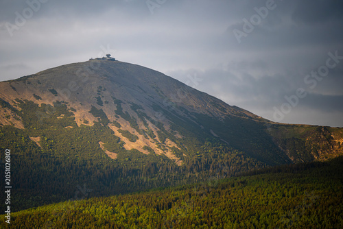 Scenic view of the Snezka summit with the meteorological observatory building in the Giant Mountains, Karkonosze.