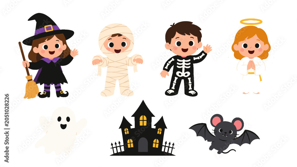 Obraz premium Cute Halloween character set with witch mummy angel ghost and bat