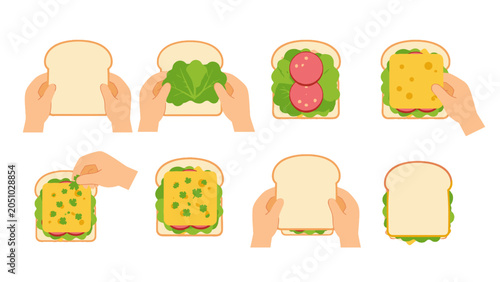 Step by step sandwich assembly with bread lettuce salami and cheese