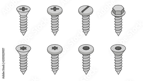 Tableau sur toile Set of different screw head types in simple vector style