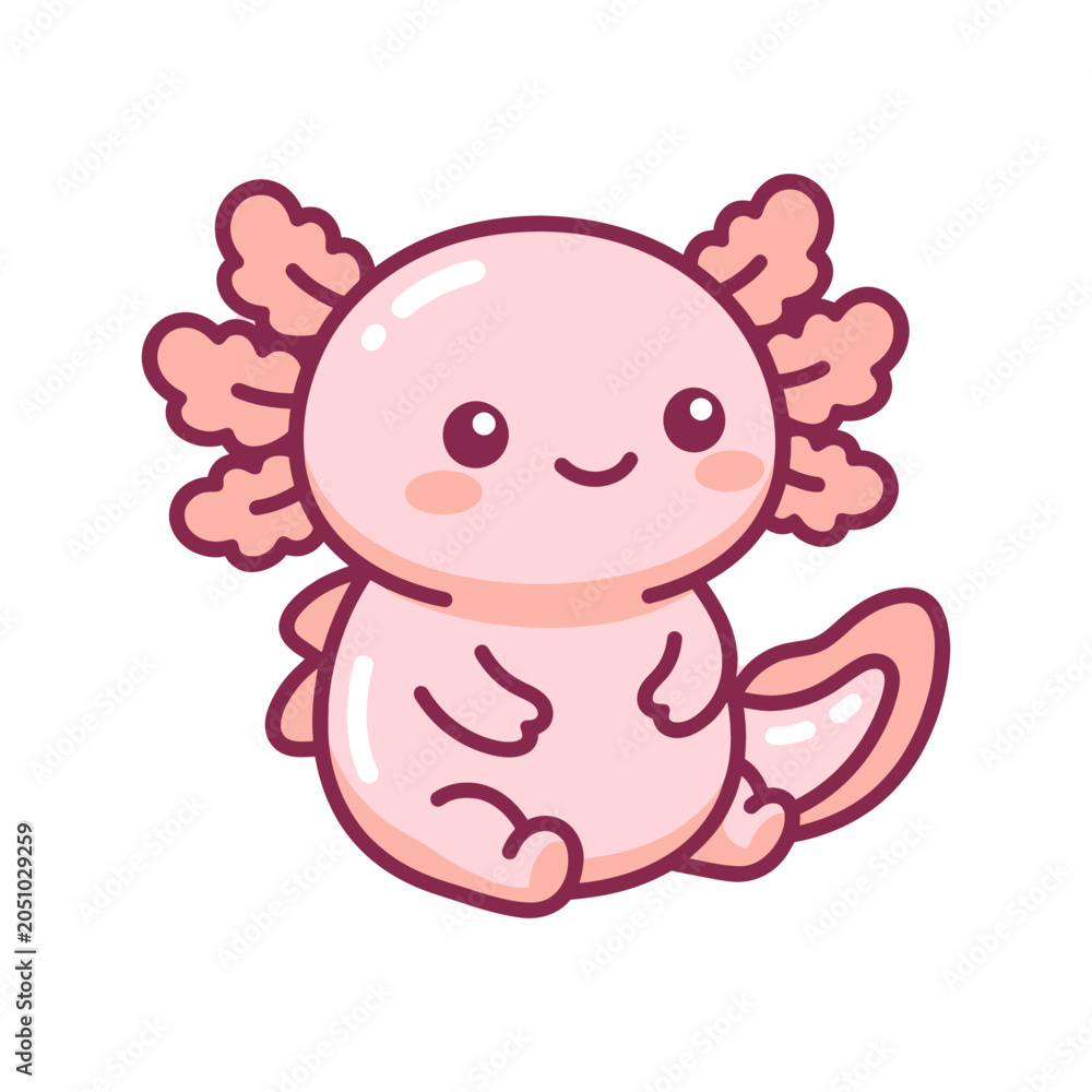 Fototapeta premium Cute pink axolotl illustration, happy aquatic salamander cartoon mascot