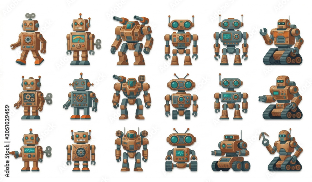 Fototapeta premium Retro Futuristic Mecha and Classic Tin Toy Robots Vector Icons