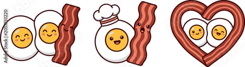 Cute Cartoon Fried Egg and Bacon Mascot Character Set Featuring Chef Hat, Smiling Expressions, and Romantic Heart Shape Food Illustration Elements