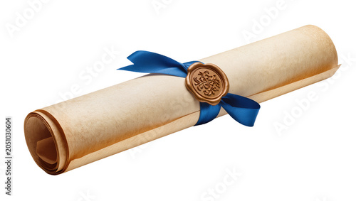 Bild auf Leinwand Rolled parchment scroll tied with blue ribbon and wax seal