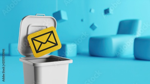 3D illustration of a yellow envelope in a trash can on blue abstract background