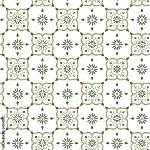Sage Green European Tile Seamless Pattern with Floral Rosette and Vintage Ornament