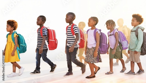 Diverse African Children Walking with Backpacks to School