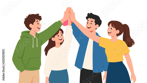 Obraz na plátně Group of four young people giving a high five together