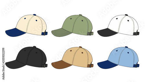 Valokuva Set of six baseball caps in different colors, vector illustration