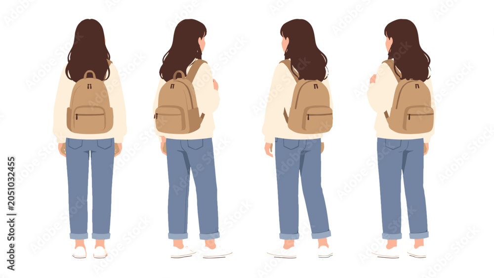 Obraz premium Woman with backpack shown from back in multiple standing poses