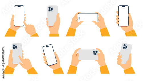 Cuadro en lienzo Hands holding smartphone in multiple poses flat vector set