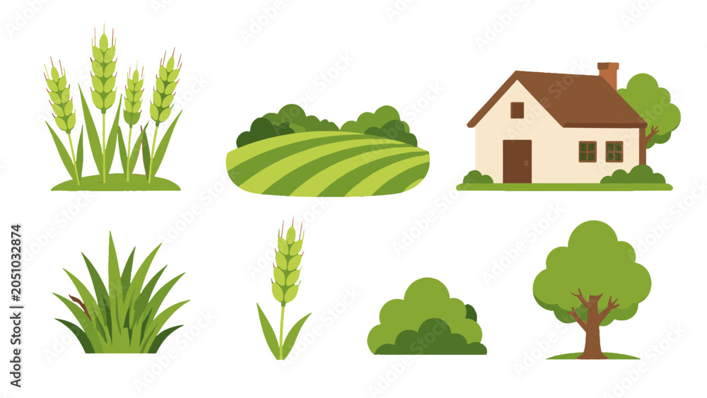 Obraz premium Set of farm and nature elements in flat vector style