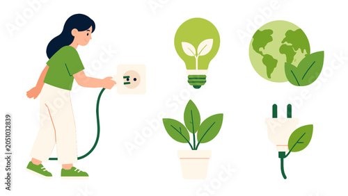Tablou pe pânză Eco energy vector set with woman plugging in cable