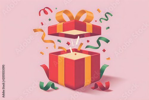 Festive red and orange gift box opens with colorful confetti and ribbons in celebration