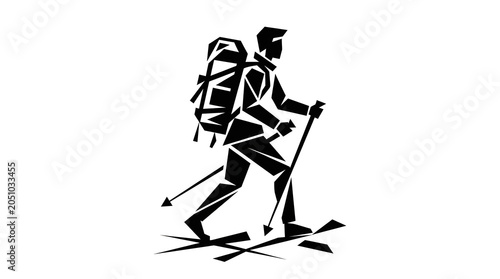 Black vector illustration of a woman silhouette with a sword and a gun in a winter sports action game