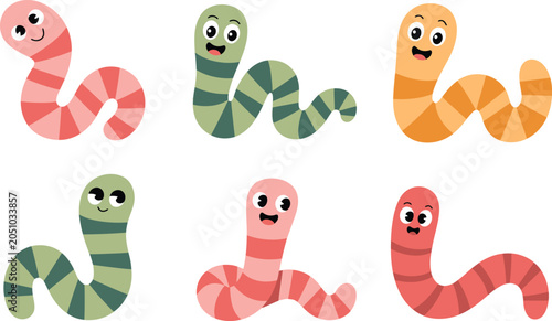 Tableau sur toile Set of six colorful cartoon worms with happy faces