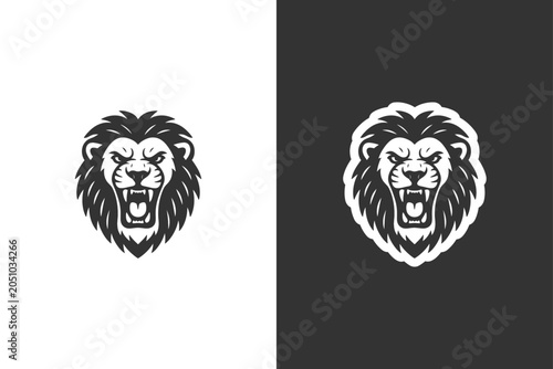 Fotografía A powerful lions head emblem, roaring aggressively, presented in both white and