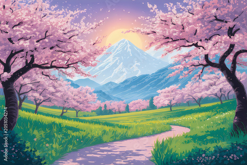 Serene springtime landscape with blooming cherry trees and a majestic mountain peak in the background