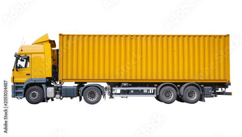 Yellow semi-trailer truck with shipping container