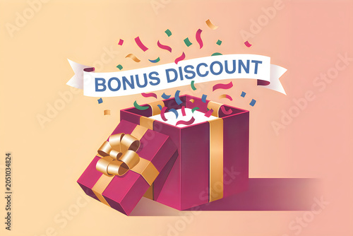 Exploding gift box with colorful confetti and bonus discount banner signifying special offer