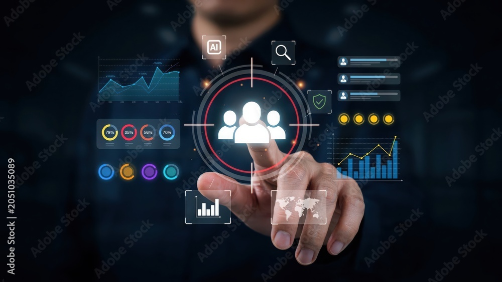 Fototapeta premium Hand selecting diverse group icons with futuristic tech interface