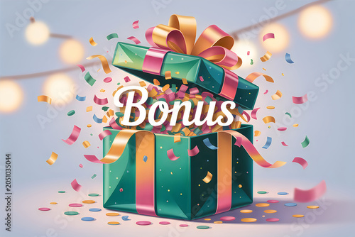 A vibrant green gift box overflows with colorful confetti and the word bonus is prominently displayed