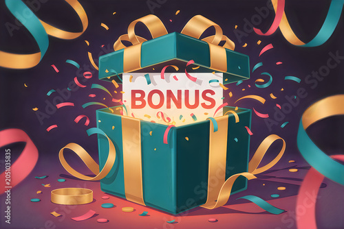 Open gift box with colorful confetti and ribbons revealing the word bonus