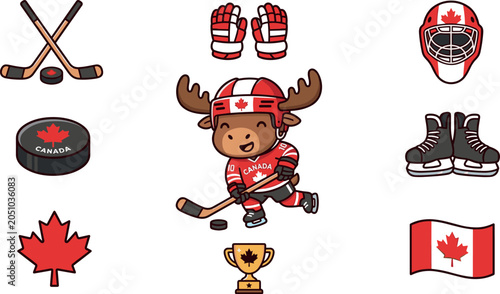 Photography Canada Ice Hockey Moose Character and Gear Icon Set with Sticks, Puck, Skates, G