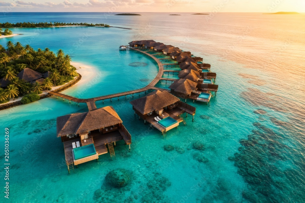 Obraz premium Overwater Bungalows And Curved Boardwalk At Sunset Lagoon Escape