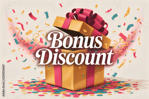 Open gift box with bonus discount text surrounded by colorful confetti for promotional campaigns