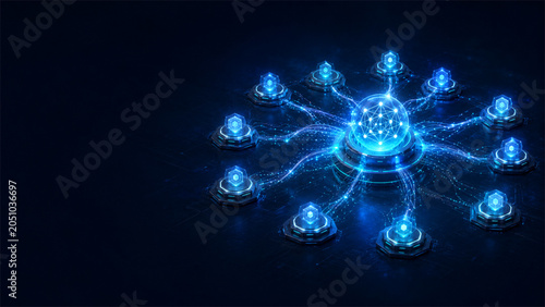 Autonomous AI agent orchestration network with central core coordinating multiple agents in dark blue enterprise workflow concept