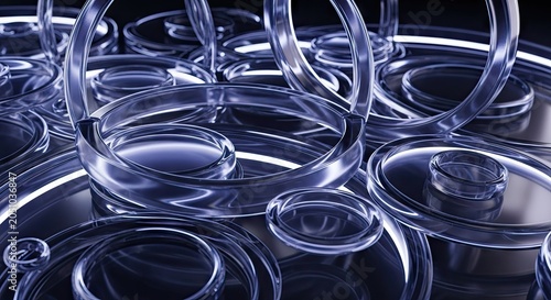 Stacked transparent glass rings with refractive light effects.