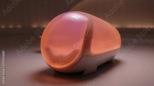Minimalist futuristic interior with a large reflective egg-shaped sculpture in a softly lit, modern gallery space, highlighting light, reflection, and elegant design, video footage