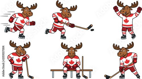 Photography Canada Ice Hockey Moose Mascot Character Set with Playing, Skating, Celebrating,