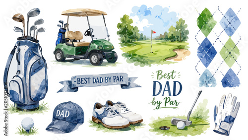 Watercolor Father's Day Golf Clipart Bundle with Best Dad By Par Illustrations