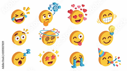 Foto Set of 3D isometric emoji icons expressing various emotions and feelings, isolated on white background