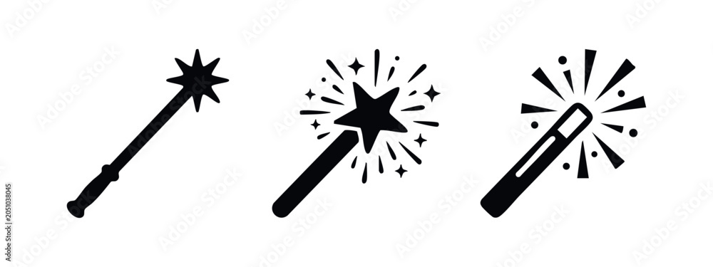 Naklejka premium Magic wand icons with sparkling effects, symbolizing magic and wonder.