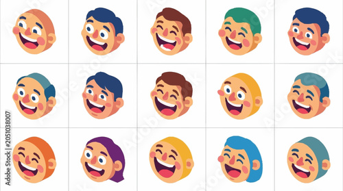 Foto Set of happy laughing cartoon faces with various hairstyles and skin tones, expressing joy and positive emotions