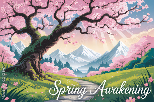 Vibrant spring awakening scene with a blossoming cherry tree and snowcapped mountains