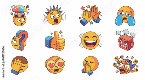 Obraz na płótnie Set of various expressive emoji stickers showing different emotions and reactions