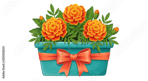 Marigold flowers planted in a decorative turquoise container with a festive orange ribbon bow isolated on transparent background