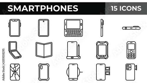 фотографія Smartphone line icon set, 15 mobile phone vector elements, modern cellular devic