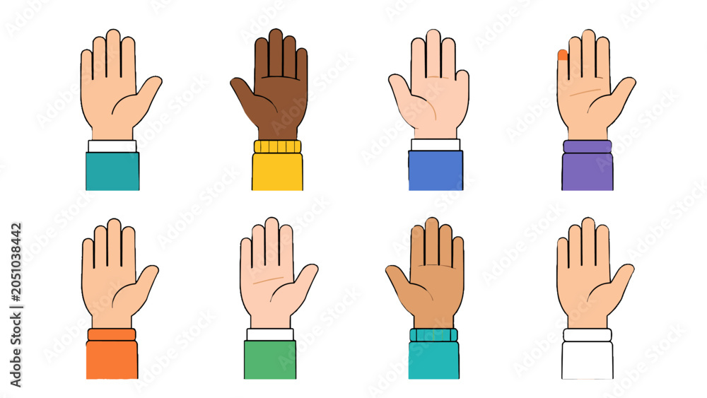 Fototapeta premium Set of raised hand icons with different skin tones