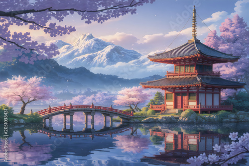 Serene Japanese garden with a pagoda and arched bridge during cherry blossom season and snowcapped mountains in the background