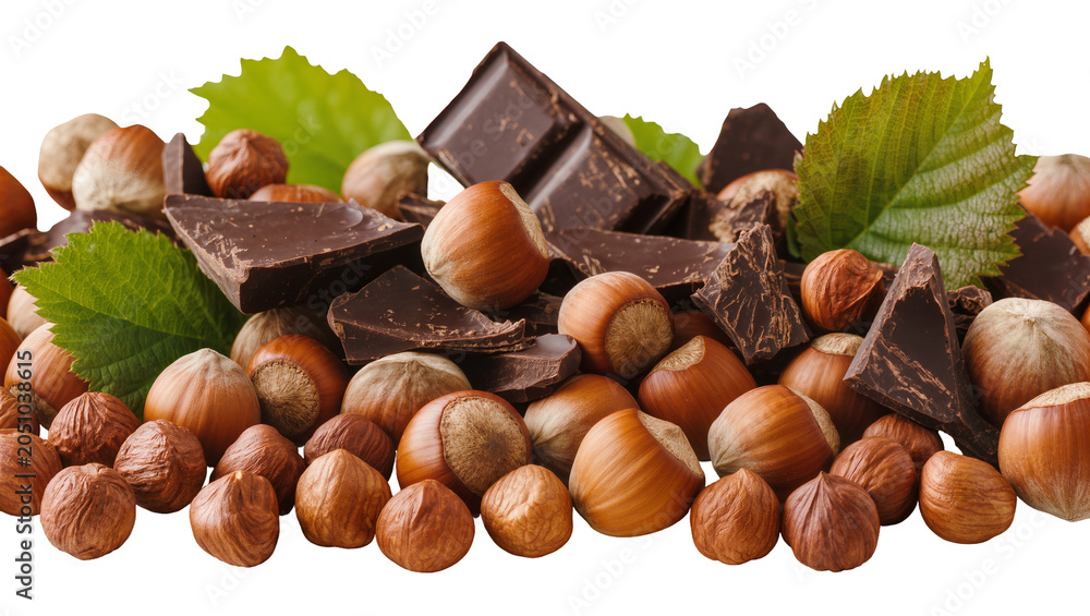 Fototapeta premium Dark chocolate pieces and whole hazelnuts with green leaves