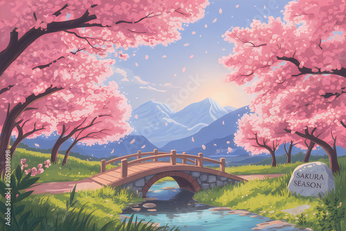 Idyllic Japanese spring landscape with blooming cherry blossom trees and a scenic stone bridge