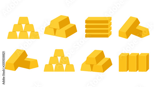 Fényképezés Set of gold bars in different stacked arrangements on white